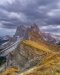Seceda Urtijëi's fall vista, a dramatic late afternoon scene of